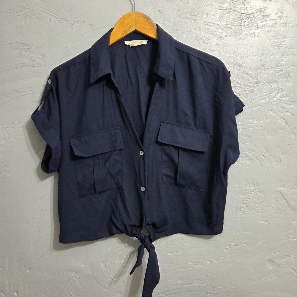 Lily Star Women's Dark Blue Top with Tie Front size M